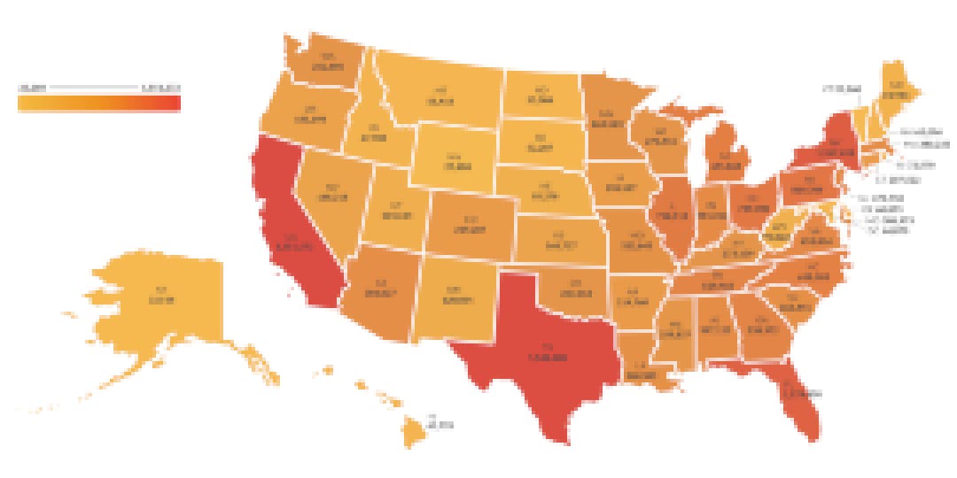 Digital Divide Map of the United States, color coded by number of people who cannot afford internet access per state.
